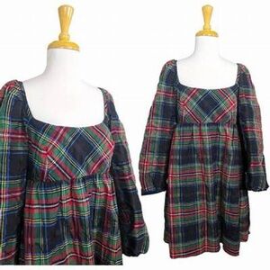 J Crew Plaid Green and Blue Puff Sleeve Dress with Square Neck